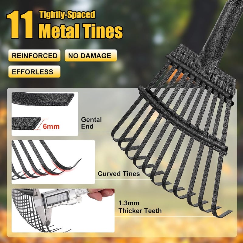 Lilyvane Rake for Leaves: Small Metal Garden Rake, 8.5" Wide, 11 Metal Tines,Heavy Duty Lightweight Kids Leaf Rakes for Small Lawn Yard Shrub,Tight Spot Garden Bed Leaf Debris Picking Cleaning, 60” Long Handle - Image 4